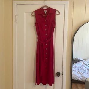 Red Linen Midi Button-Up Dress